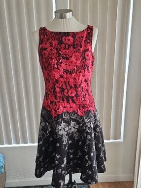 Julian Taylor Red and Black Floral Fit-and-Flare Midi Dress